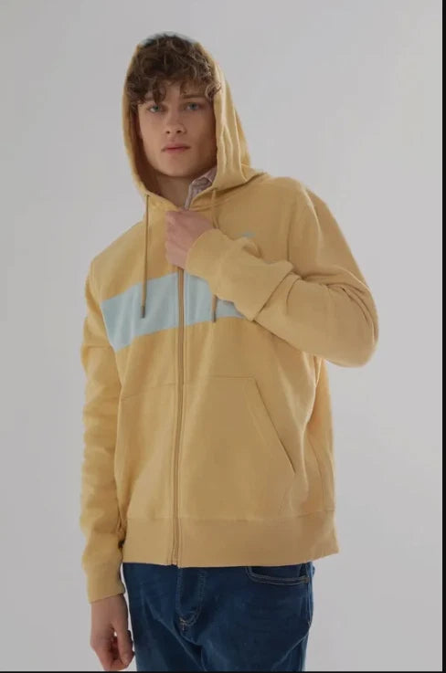 Men’s Full Zip Hooded Sweatshirt – Warm Panel Stripe with Chest Logo